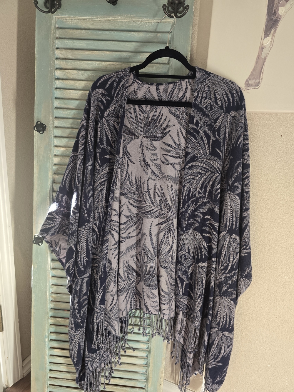 Tommy Bahama Navy and Light Gray Leaf-Print Fringe Cover-Up